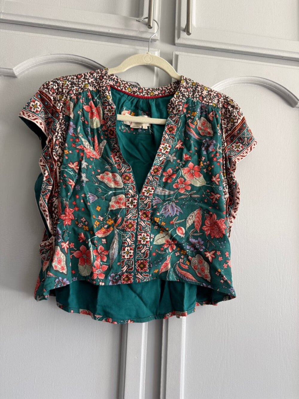 Anthropologie Teal Floral Ruffle Crop Top L